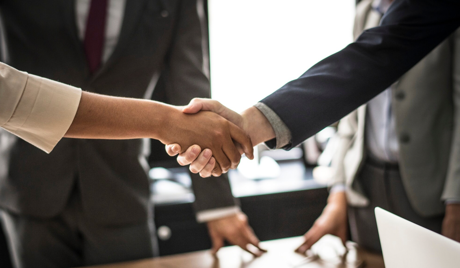 Business professionals shaking hands during meeting, symbolising partnership agreement and successful deal.